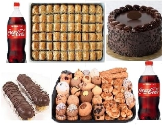 Dolu Dolu Tatlı Sepeti 1 kg Baklava Pasta Ekler Kuru Pasta ve Kola